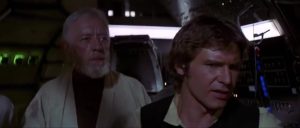 Han Solo and Obi-Wan Kenobi in Star Wars: A New Hope (1977). Nothing to do with pink and jeans.