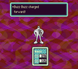 Screenshot from EarthBound featuring the character Buzz Buzz in combat with a Starman Jr.