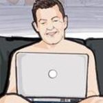 Cartoon of ILB, topless and writing on a laptop.